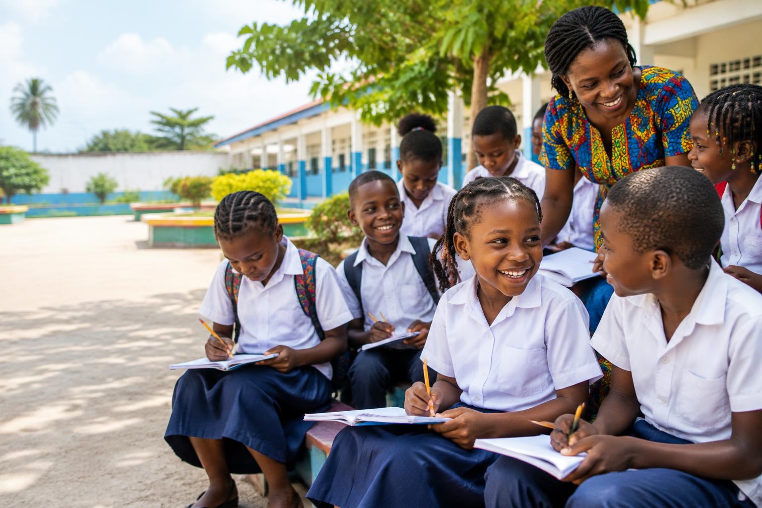 Élèves de l’école Les P’tits Intellos apprenant avec leur enseignante à Libreville